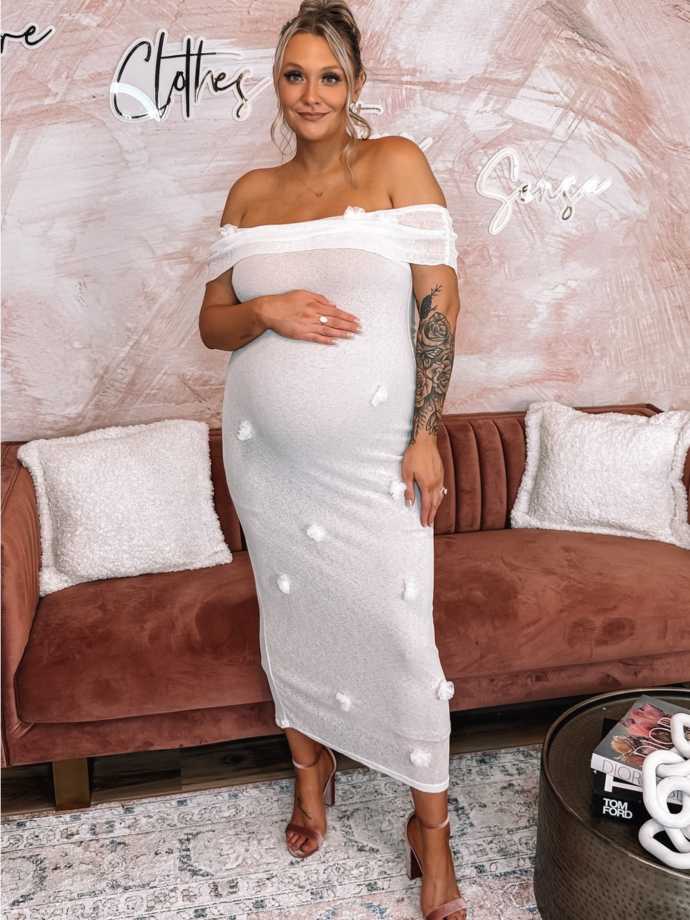 Off-Shoulder White Maternity Midi Dress